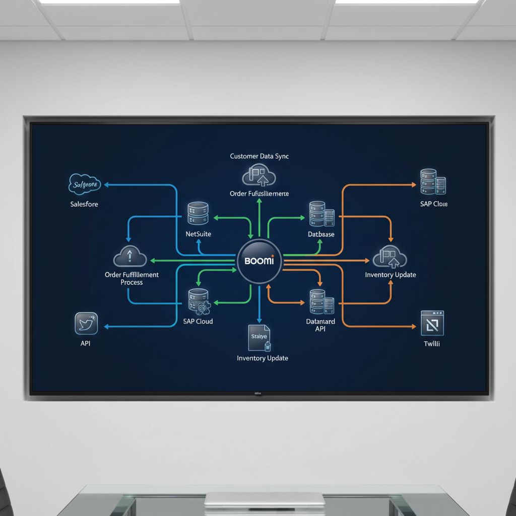 A detailed close-up of a large wall-mounted digital display showing a complex Boomi integration architecture diagram. Clean, color-coded connections link cloud apps, on-premise systems, and APIs represented as polished, three-dimensional icons on a deep navy background. The display hangs on a matte white wall in a modern conference room, with a glass table edge and a slim laptop just visible at the bottom of the frame. Cool, even overhead lighting produces minimal glare and crisp legibility. Photographic realism, shot straight-on with a wide aspect ratio, emphasizing clarity, structure, and reliability, creating a confident, enterprise-ready mood for a consulting services section.