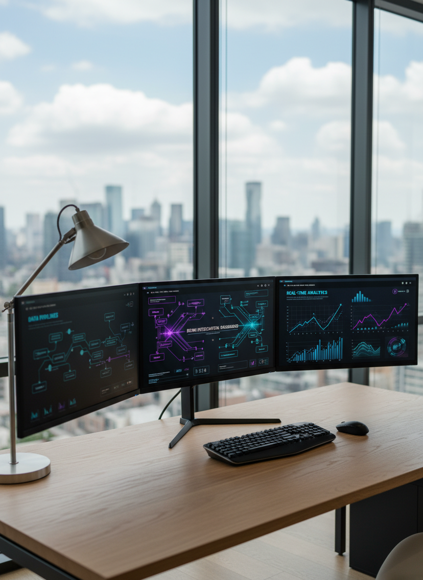 A sleek, ultra-modern cloud integration dashboard displayed across three thin-bezel 4K monitors on a clean, light oak desk. The screens show intricate Boomi integration flows, data pipelines, and real-time analytics in crisp blues and teals against a dark interface. The workspace is set in a minimalist glass-walled office with a blurred city skyline beyond. Soft daylight from tall windows creates gentle reflections on the monitor glass and a subtle sheen on the metal desk lamp and keyboard. Photographic realism, shot at eye level with a slight angle across the desk, sharp focus on the screens and a softly blurred background, conveying a calm, controlled, highly professional atmosphere suitable for an independent senior integration consultant’s homepage hero image.