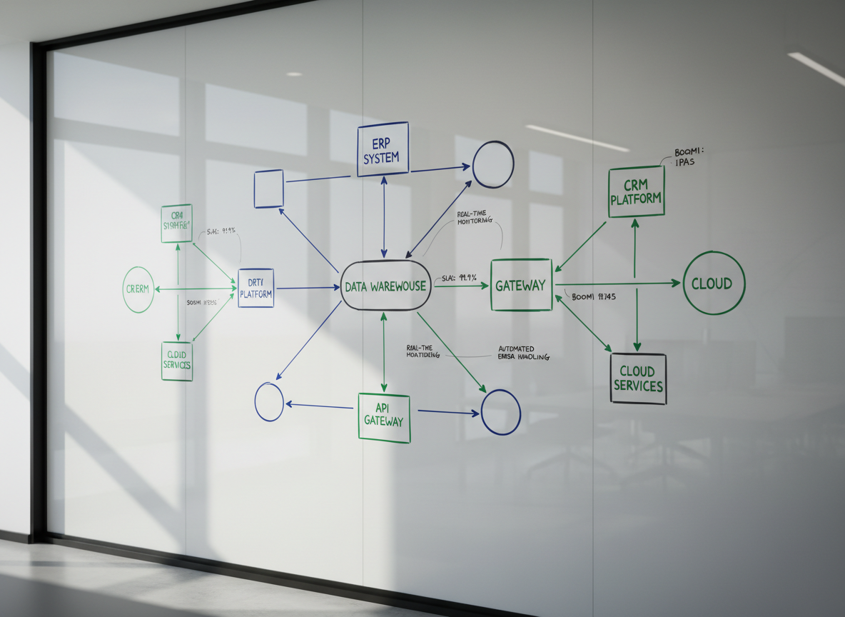 A minimalist whiteboard wall in a bright, glass-partitioned office covered with a meticulously drawn integration strategy diagram. Smooth, precise lines in blue, gray, and green connect labeled systems like ERP, CRM, and data warehouse, each contained in clean geometric shapes. Small annotations in tidy handwriting outline SLAs, monitoring, and error handling. Natural daylight pours in from the left, creating soft, diffuse reflections on the glossy whiteboard surface and gentle shadows along the wall edge. Photographic realism, shot from a slightly elevated angle using the rule of thirds, with the most detailed central nodes in sharp focus and outer edges subtly softened, conveying strategic thinking, planning, and senior-level Boomi integration expertise.